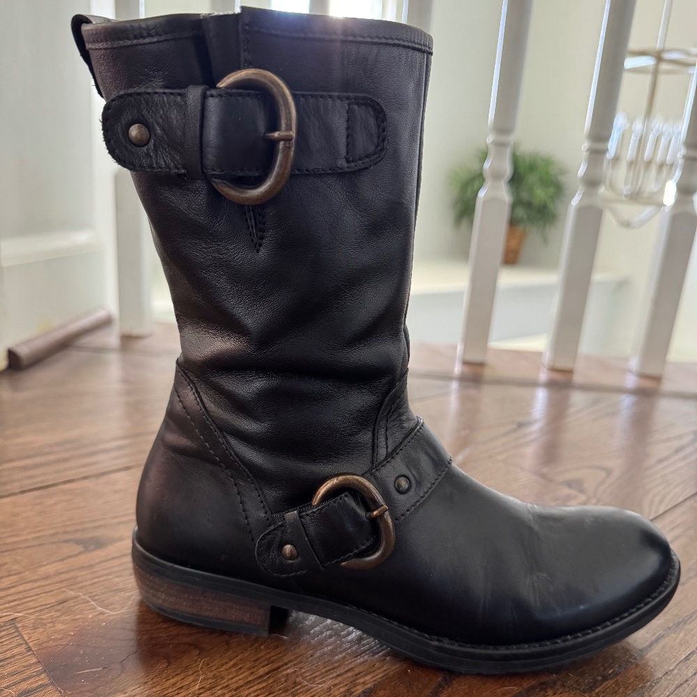 Black leather mid calf boots